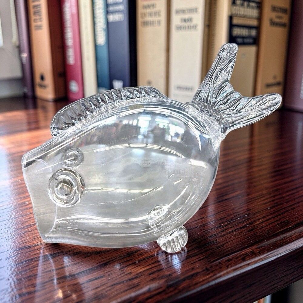 Vtg MCM Blenko Style Hand Blown Clear Glass Fish Sculpture Vase/Bowl Wide Mouth